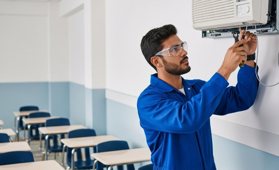 Técnico instalando ar condicionado em sala de aula para trazer conforto térmico.